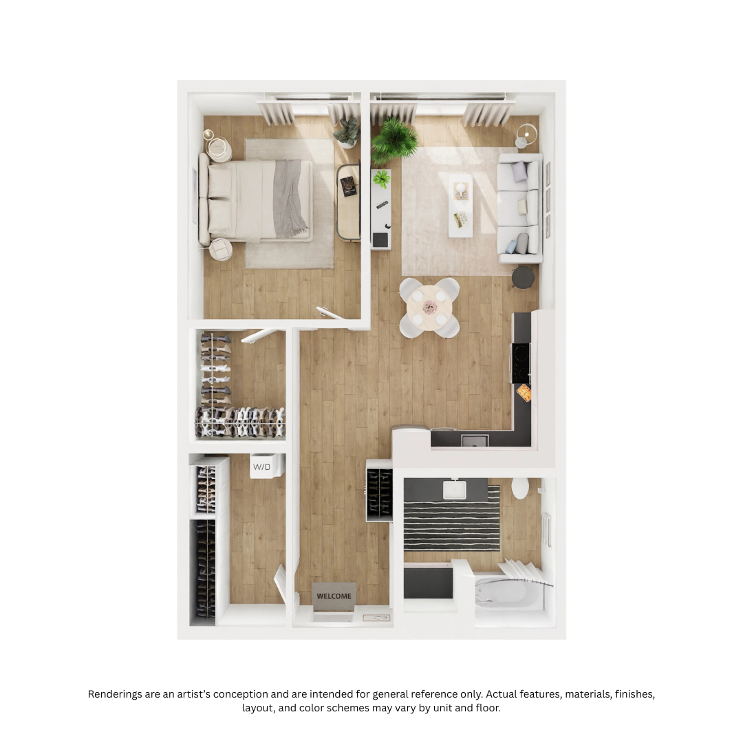 Floor plan for 1 bed, 1 bath, 712 sqft